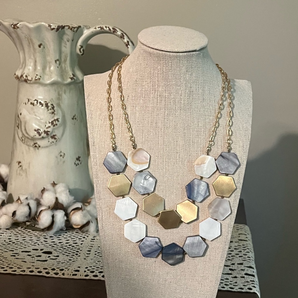 NWOT Ann Taylor Pearl Hexagon Two-tone Gold  Necklace